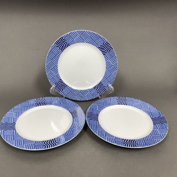 Crate & Barrel Rafia Blue White Wavy Salad Plates Lead Cadmium Free Lot of 3 - Picture 1 of 14